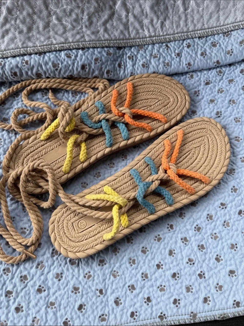 Braided Rope Lace-Up Sandals with Multicolor Accents - Tan
